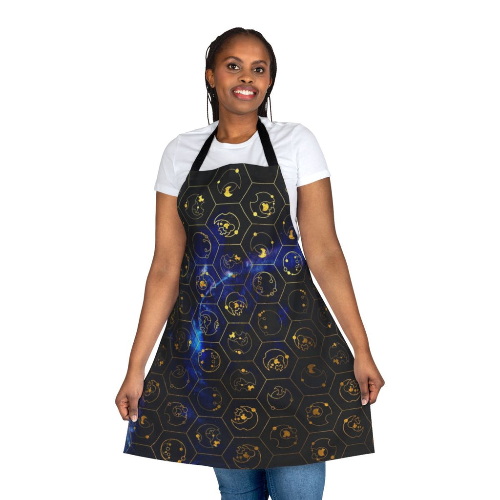 Blue apron with Gallifreyan alphabet and time lord design