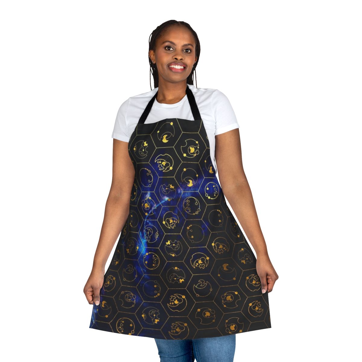 Blue apron with Gallifreyan alphabet and time lord design