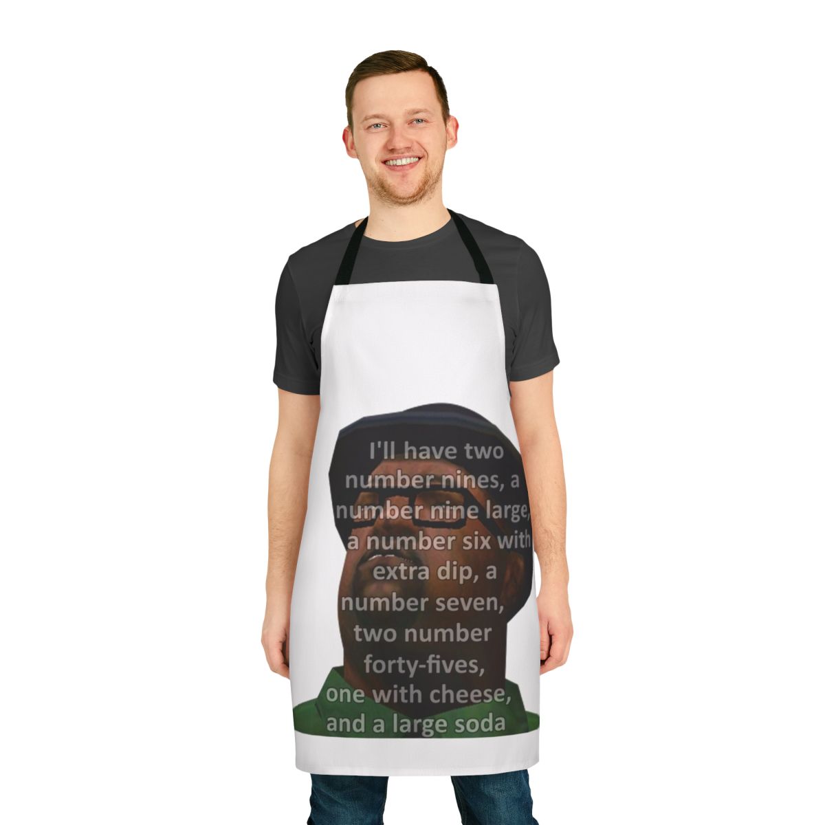 An apron featuring the iconic "Big Smoke's Two Number 9s" meme from the Grand Theft Auto series.