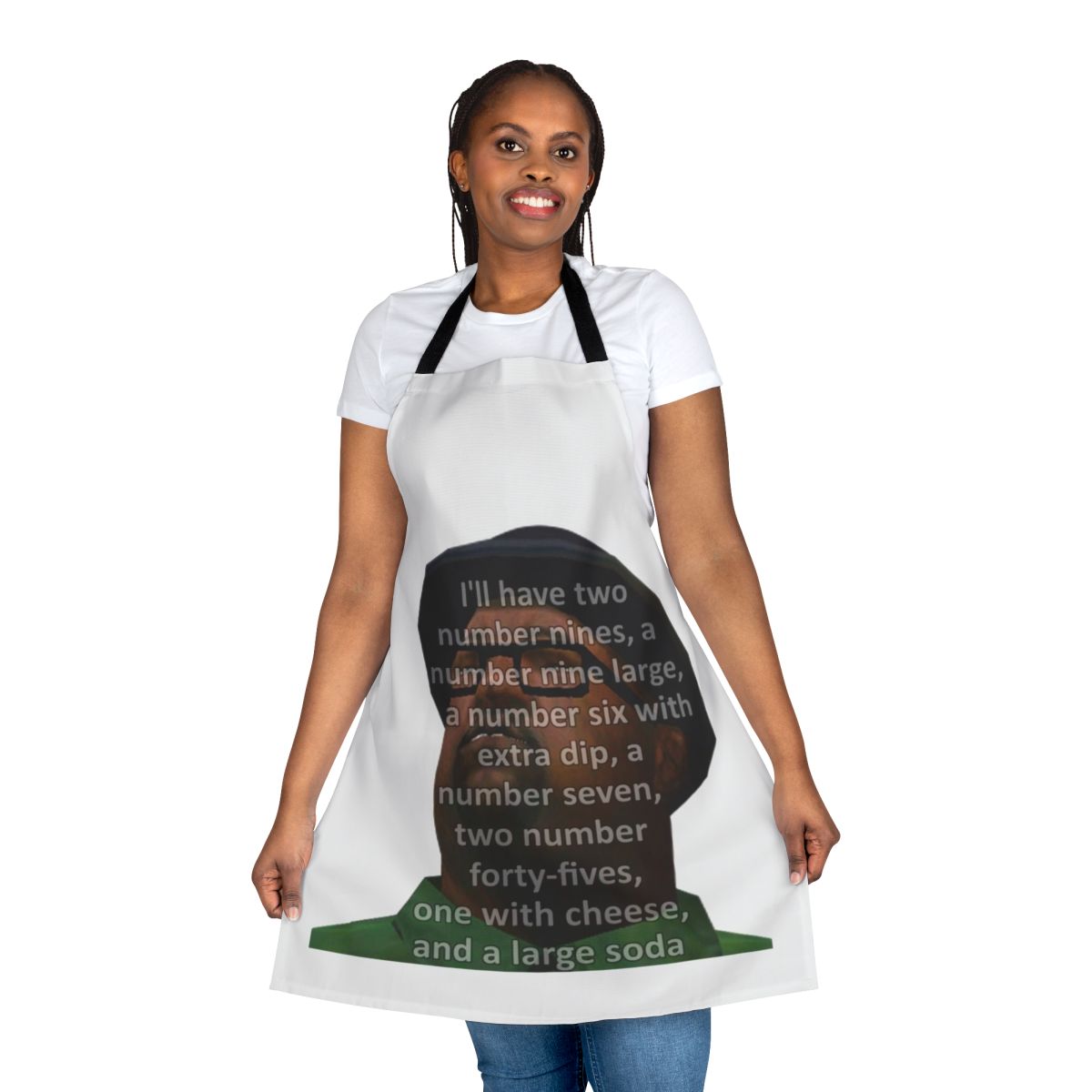 An apron featuring the iconic "Big Smoke's Two Number 9s" meme from the Grand Theft Auto series.