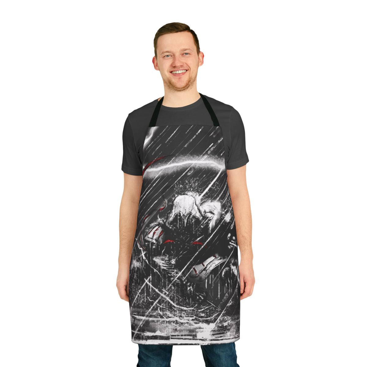 "Stylized Assassin's Creed-inspired apron with lightning and storm graphic"