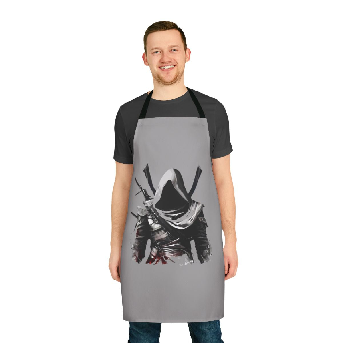 "Assassin's Creed-themed apron with game character designs"