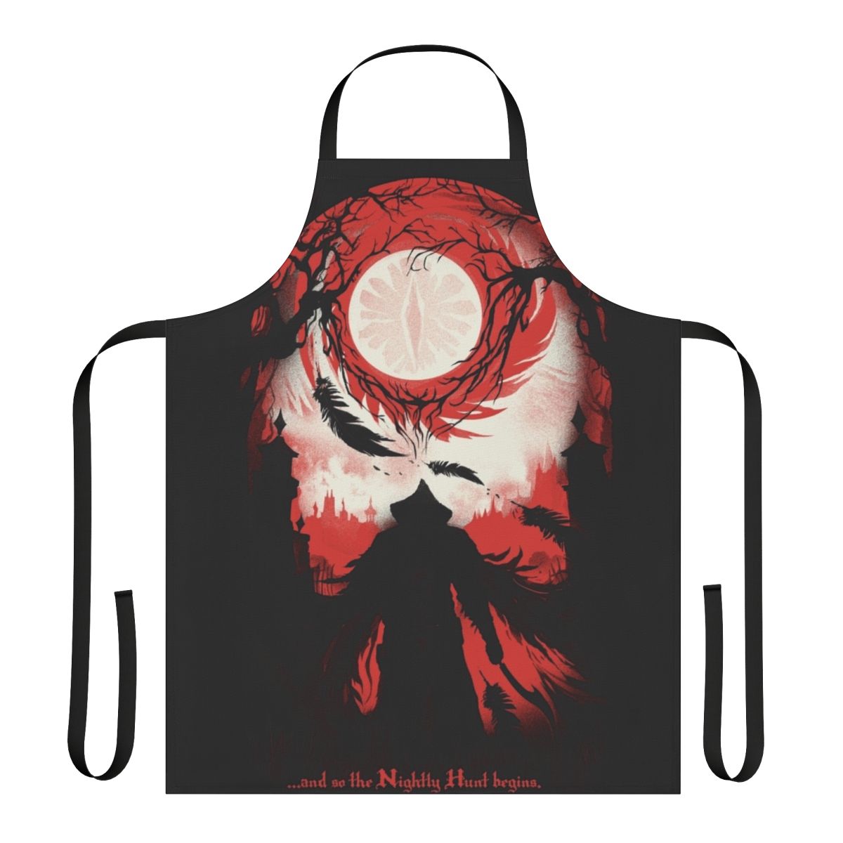 Dark Souls and Bloodborne inspired apron with text "And So The Nightly Hunt Begins"