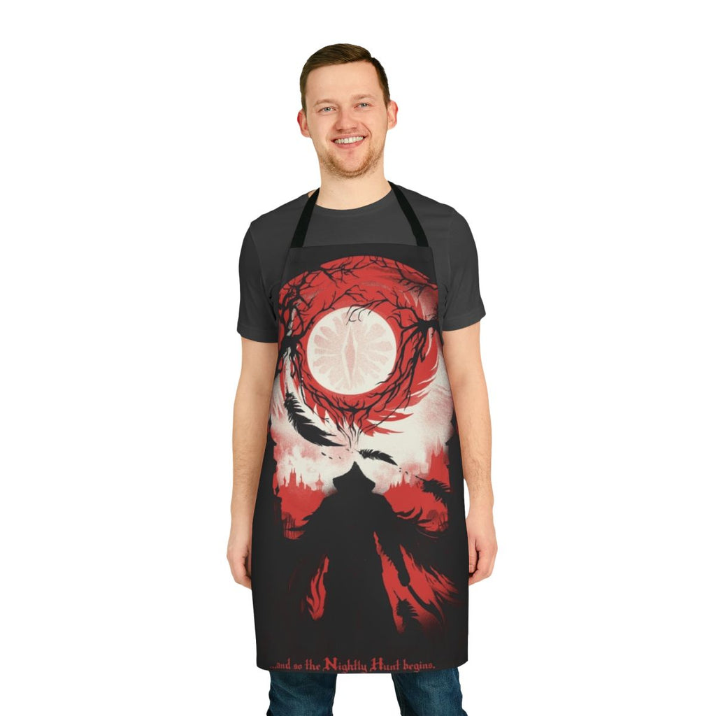 Dark Souls and Bloodborne inspired apron with text "And So The Nightly Hunt Begins"