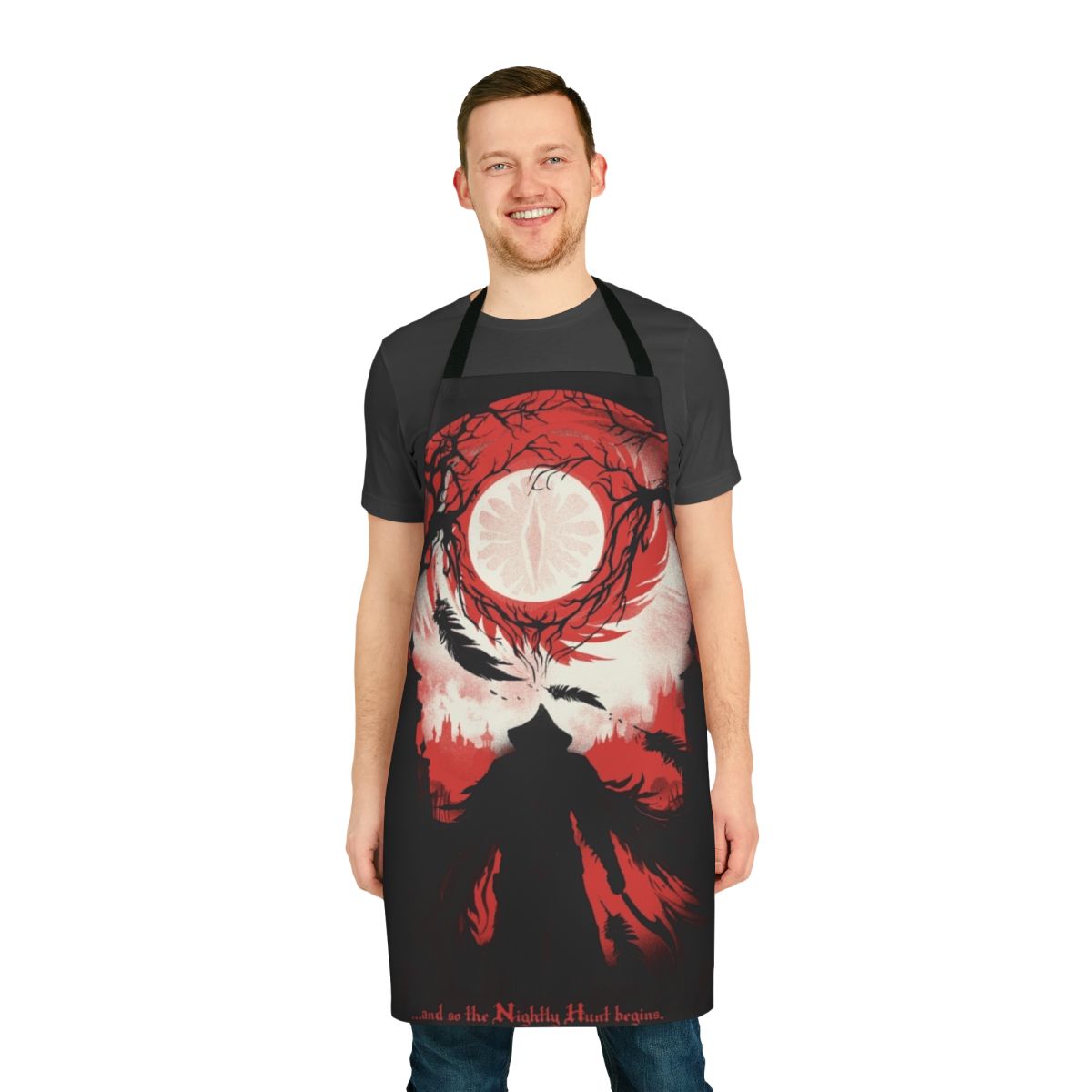 Dark Souls and Bloodborne inspired apron with text "And So The Nightly Hunt Begins"