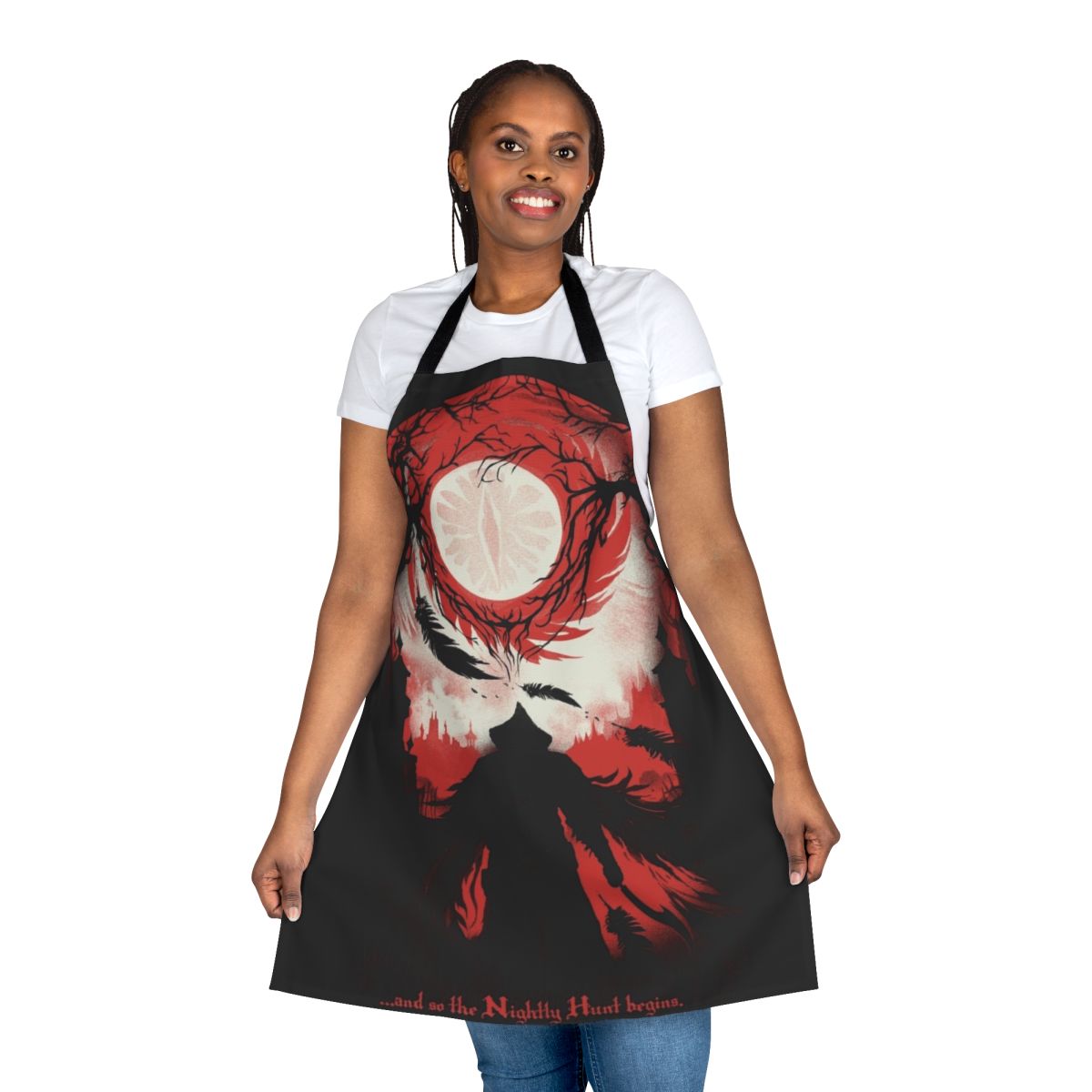 Dark Souls and Bloodborne inspired apron with text "And So The Nightly Hunt Begins"