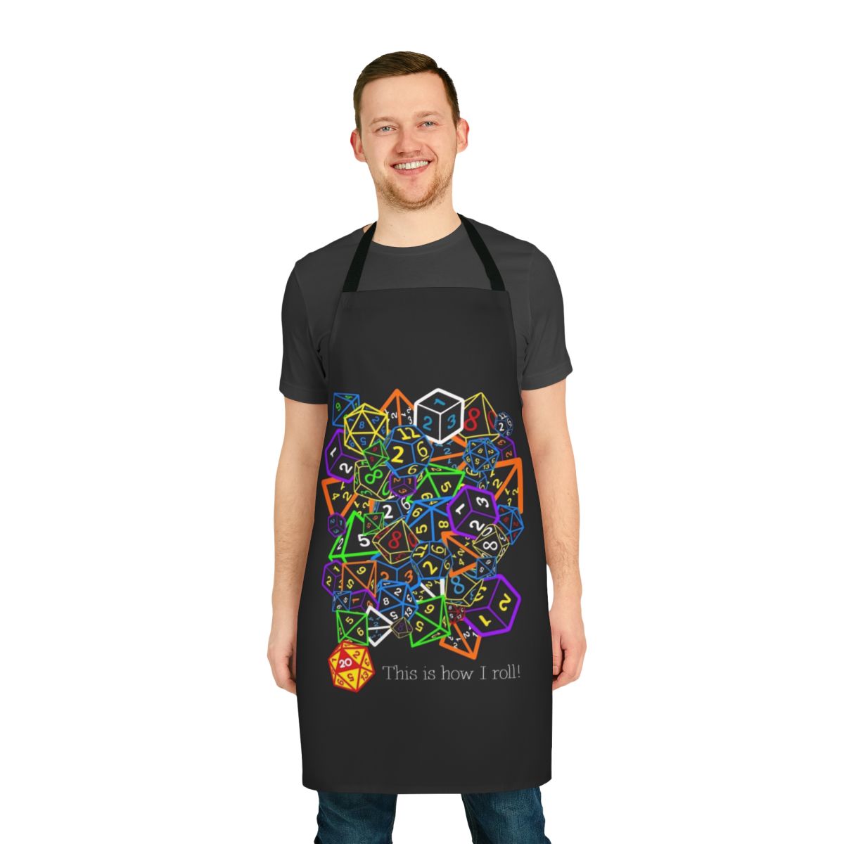 A vibrant, geeky apron featuring dice and the words "This Is How I Roll"