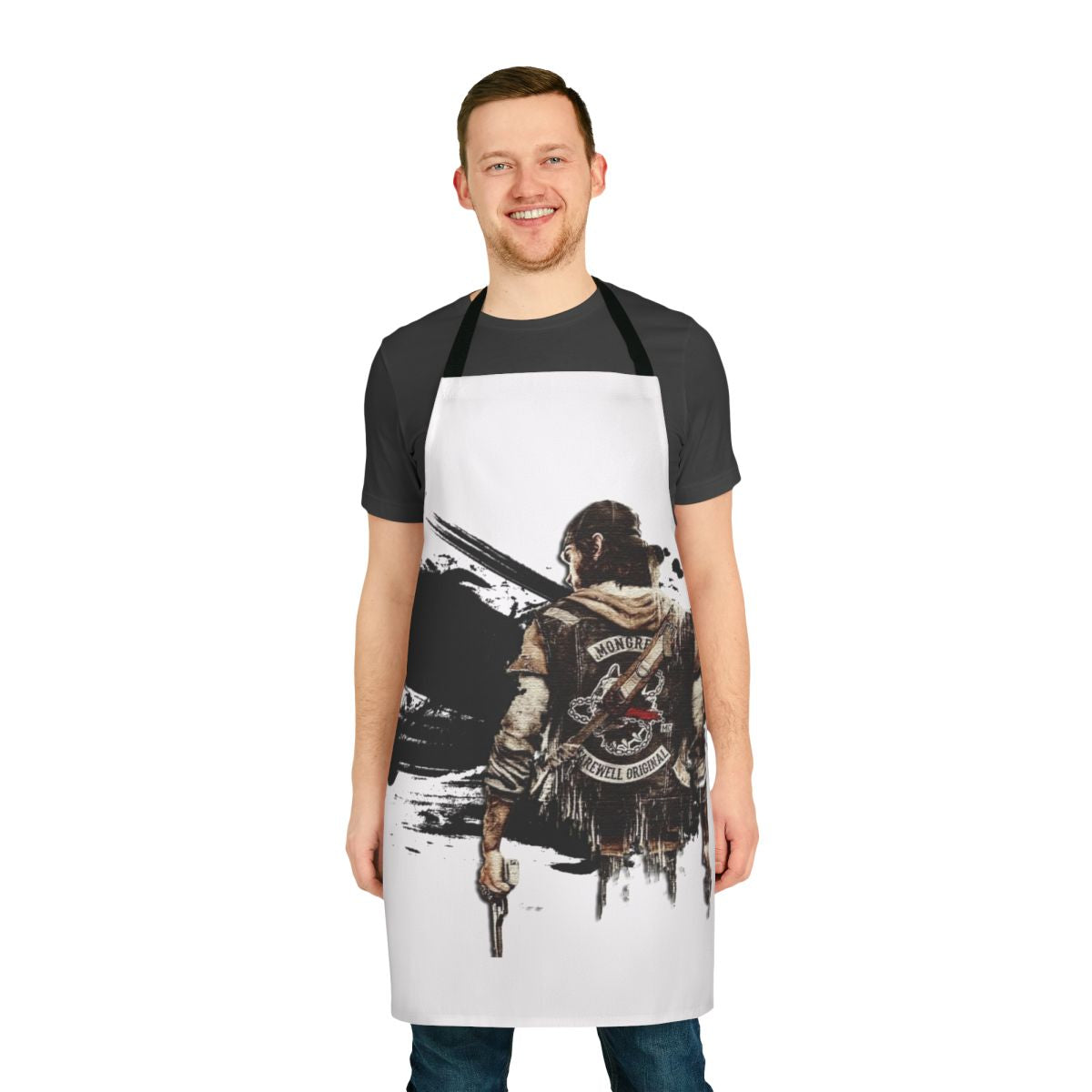 Days Gone inspired gaming apron with zombie and survival themed pattern