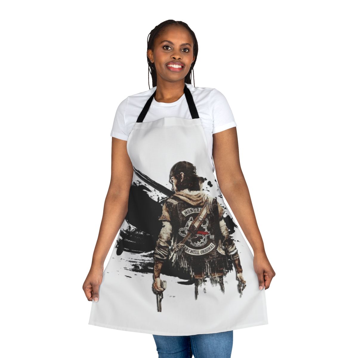 Days Gone inspired gaming apron with zombie and survival themed pattern