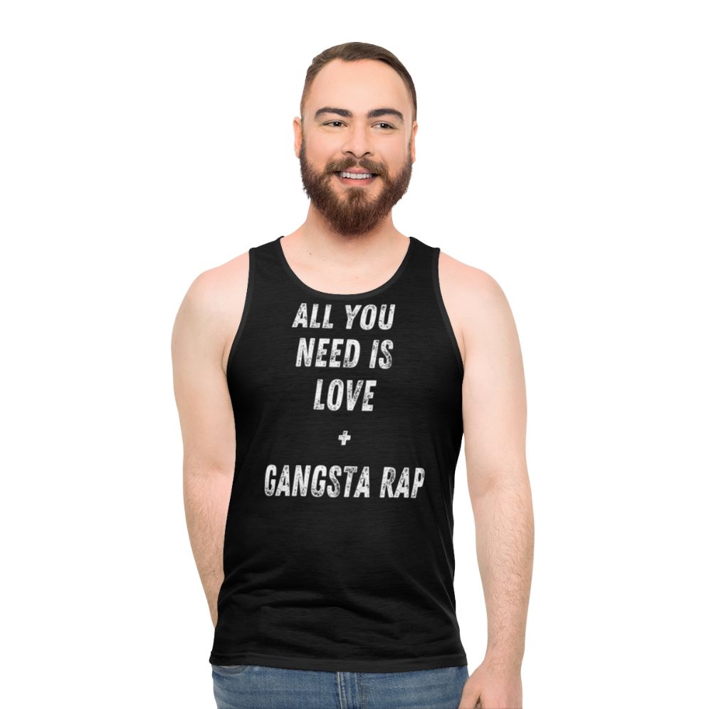 Gangsta rap unisex tank top with Beatles-inspired "All You Need is Love" typography