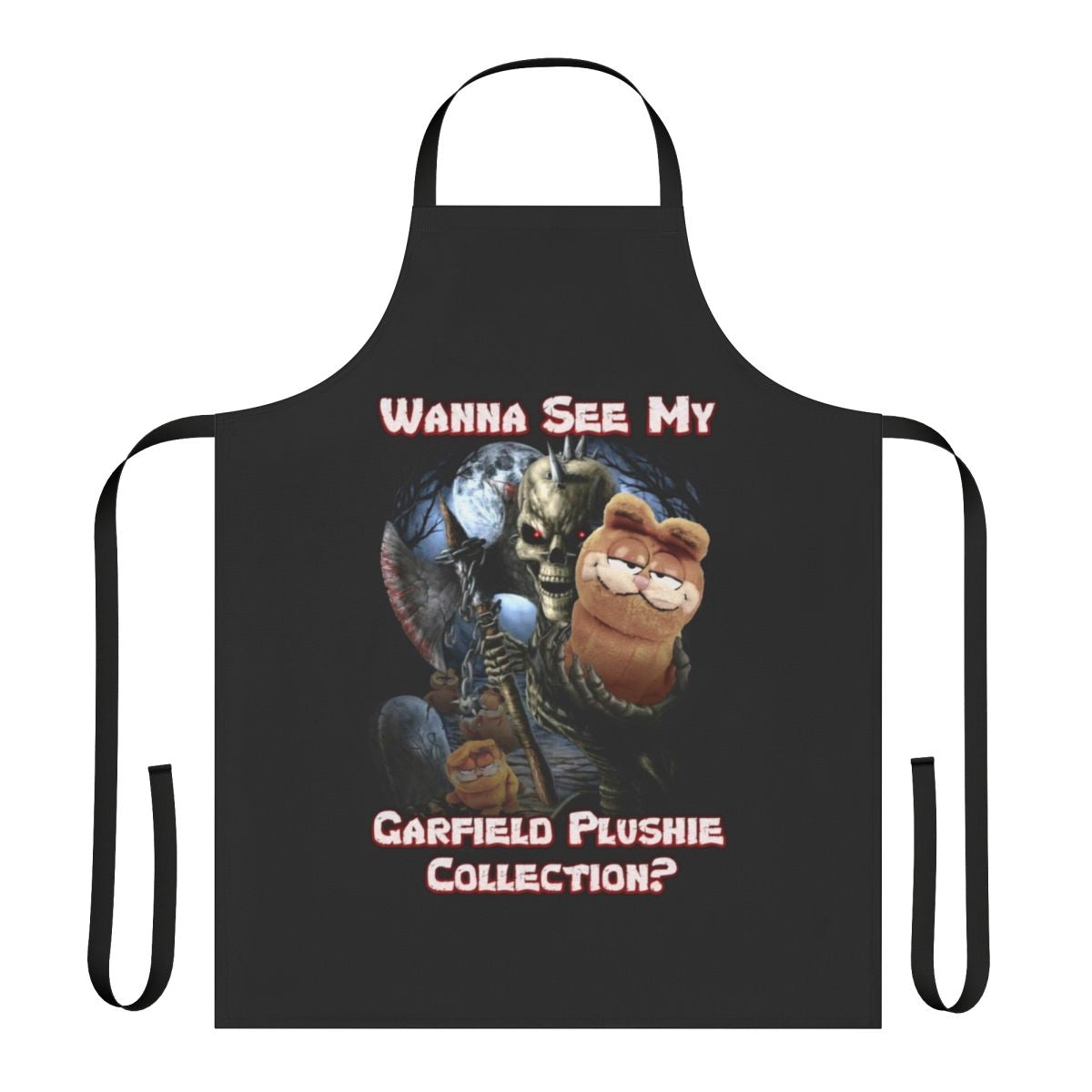 A dark and quirky apron featuring a collection of Garfield plushies, skulls, and other macabre elements.