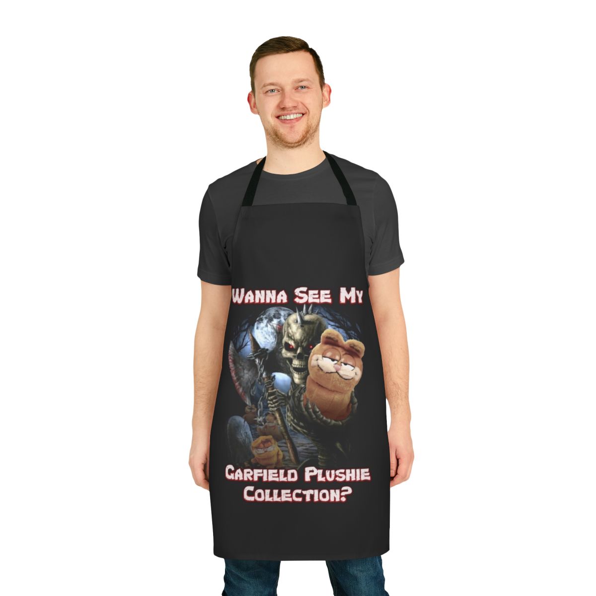 A dark and quirky apron featuring a collection of Garfield plushies, skulls, and other macabre elements.