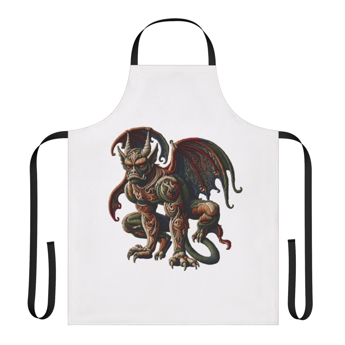 Embroidered apron featuring a detailed gargoyle design, perfect for fans of fantasy and mythology.