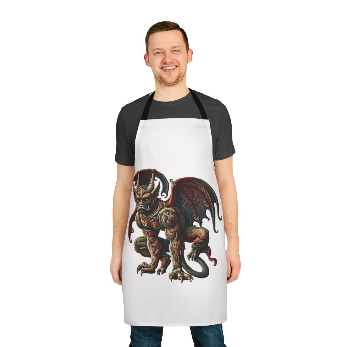 Embroidered apron featuring a detailed gargoyle design, perfect for fans of fantasy and mythology.