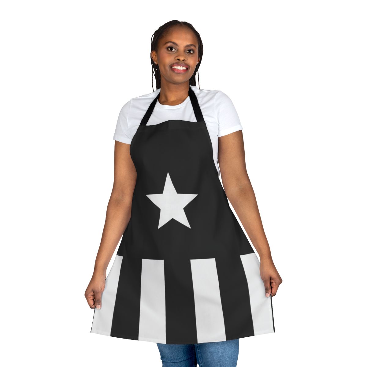 Geeky black apron featuring comic book and superhero design