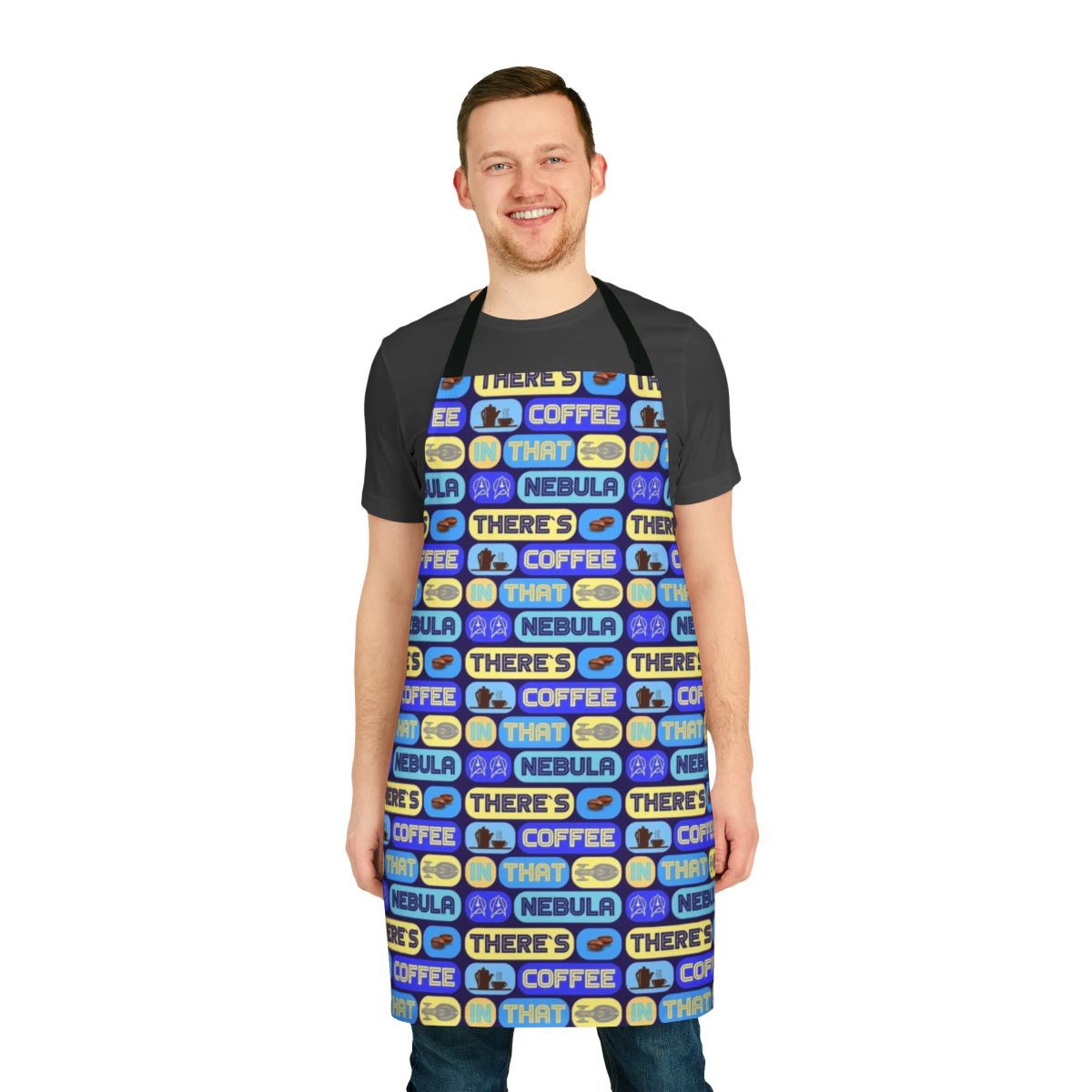 Stylish Star Trek-inspired apron with "There's Coffee in That Nebula" quote