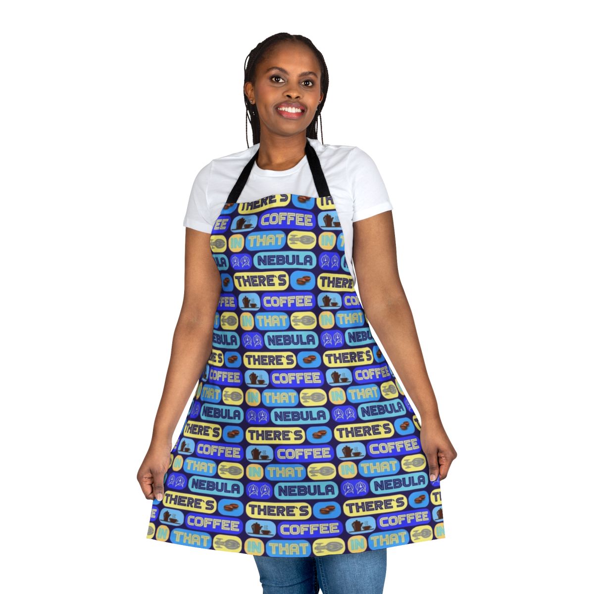 Stylish Star Trek-inspired apron with "There's Coffee in That Nebula" quote