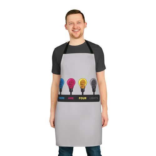"Geeky apron with 'There Are Four Lights' CMYK design, inspired by Star Trek"