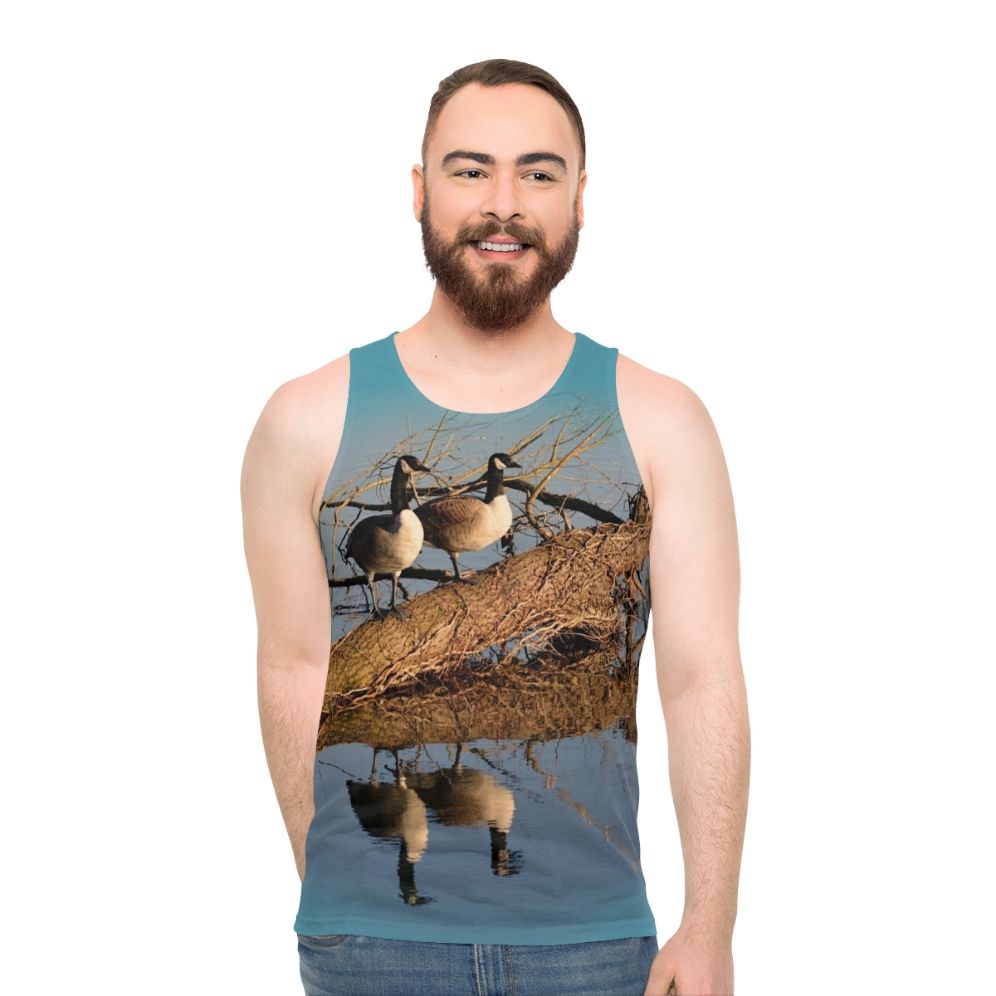 Geese at the lake nature unisex tank top