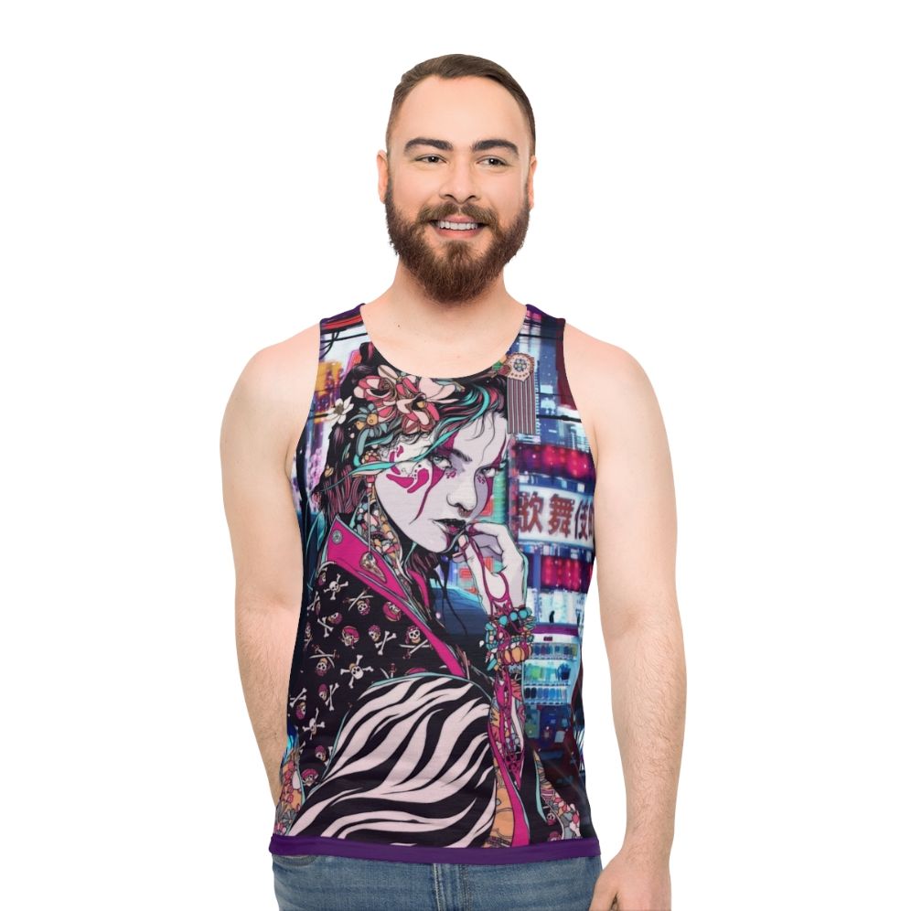 Geisha-inspired unisex tank top with cityscape and floral graphics