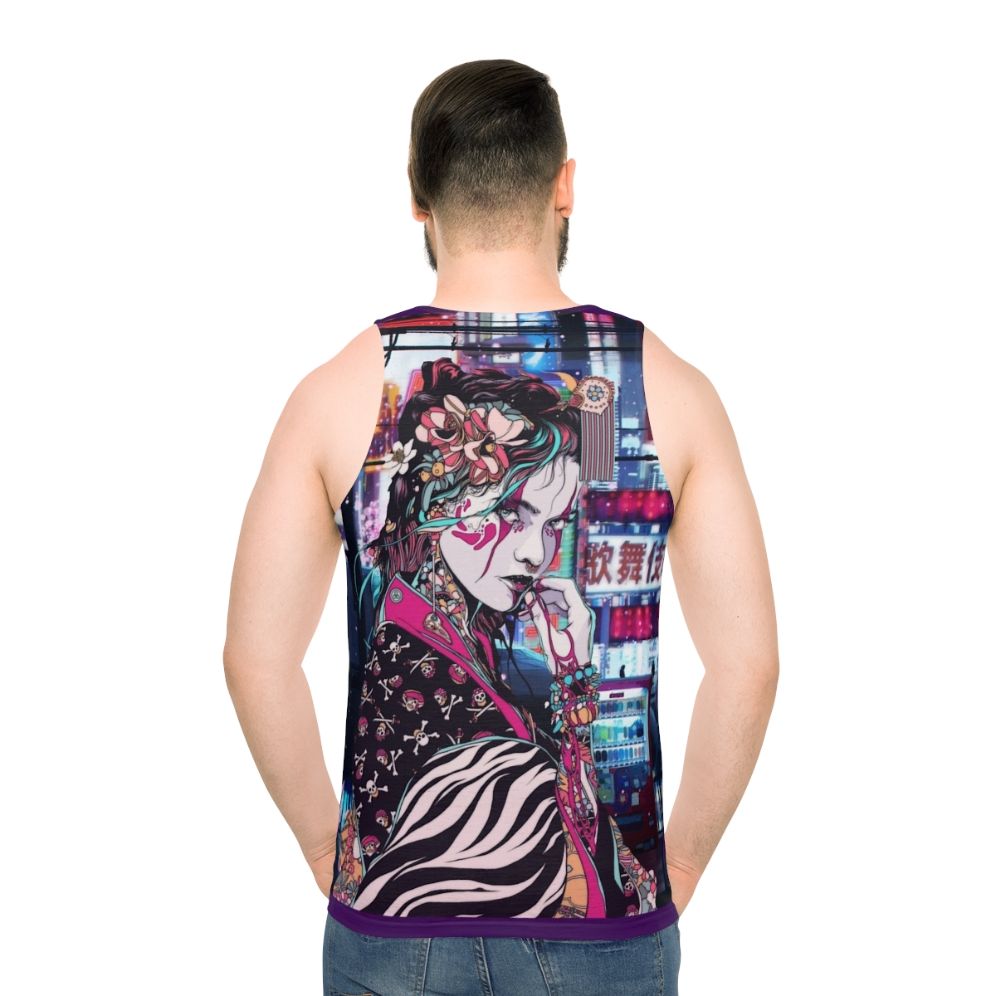 Geisha-inspired unisex tank top with cityscape and floral graphics