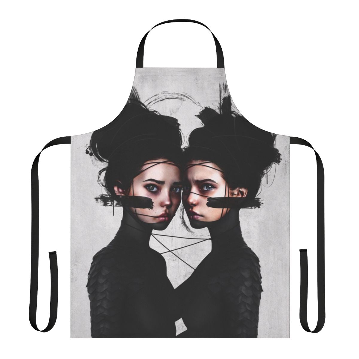 Gemini zodiac-themed apron with portrait, realism, and pop surrealism art design