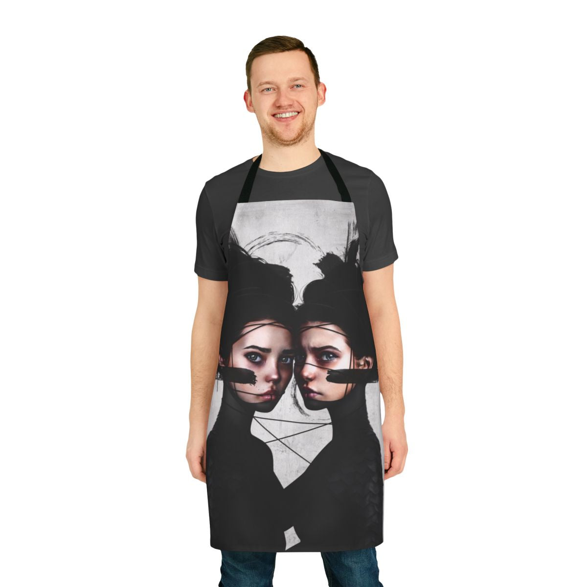 Gemini zodiac-themed apron with portrait, realism, and pop surrealism art design