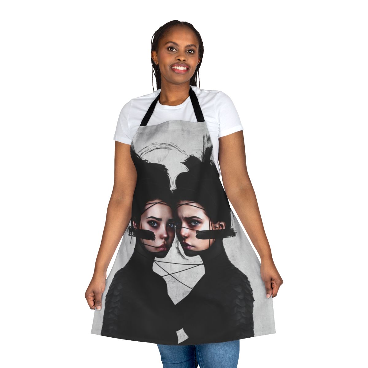 Gemini zodiac-themed apron with portrait, realism, and pop surrealism art design