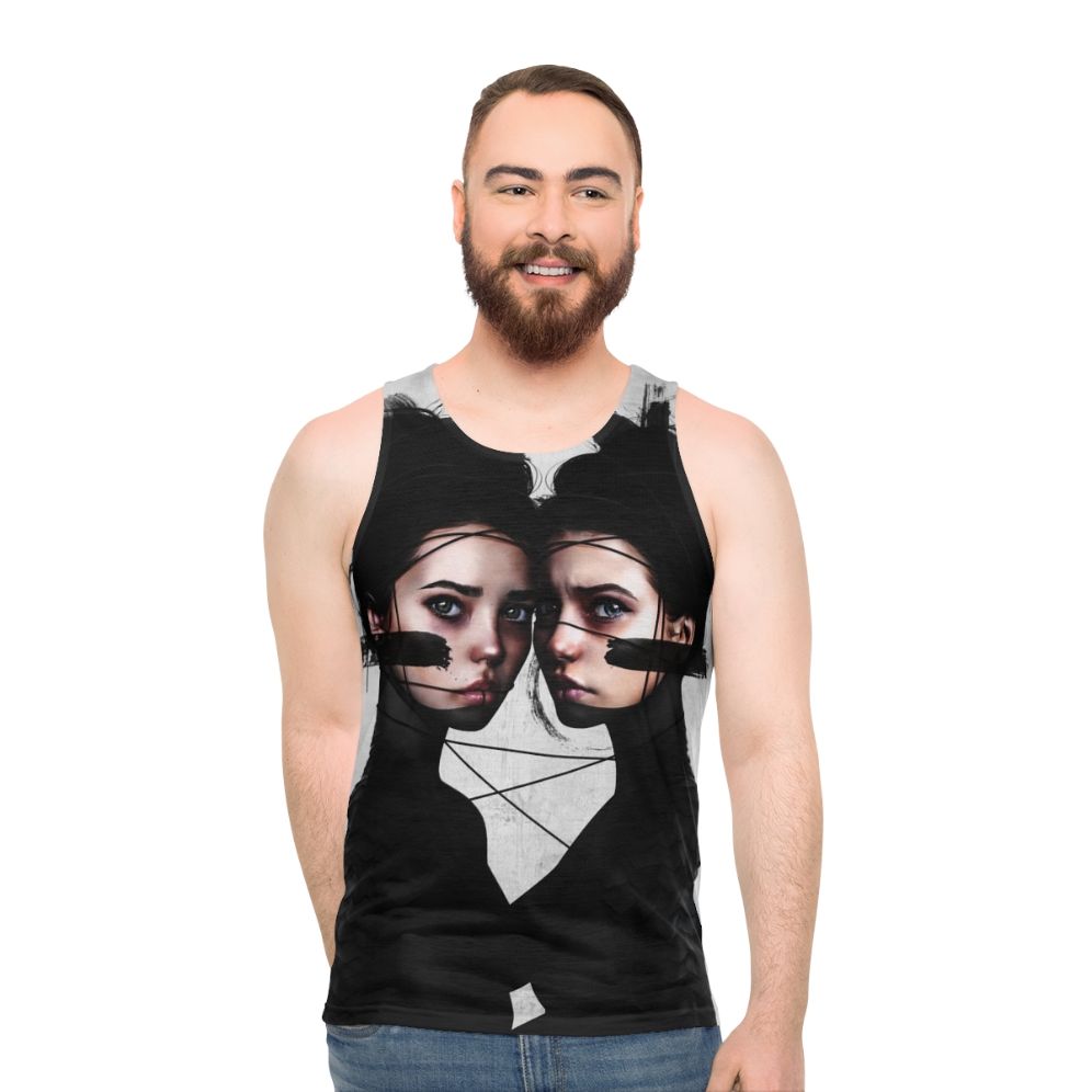 Gemini zodiac unisex tank top featuring surrealistic portrait art