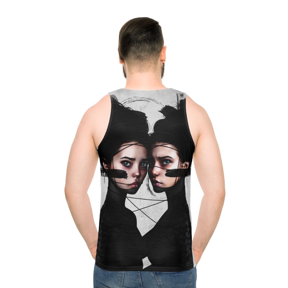 Gemini zodiac unisex tank top featuring surrealistic portrait art