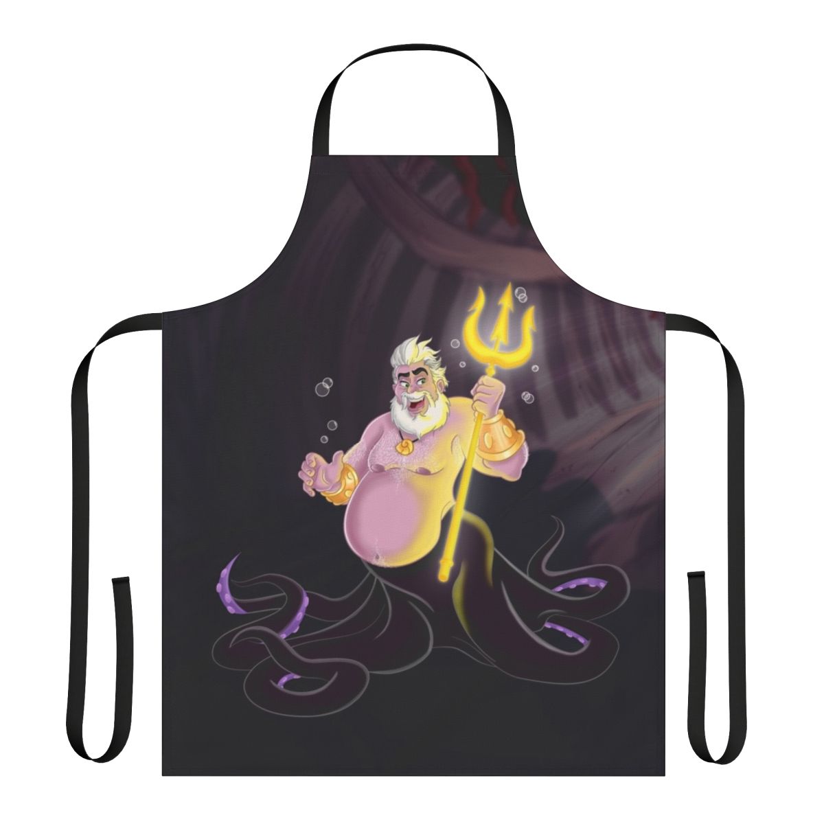 Genderbent Ursula the Bear character on a black and white apron