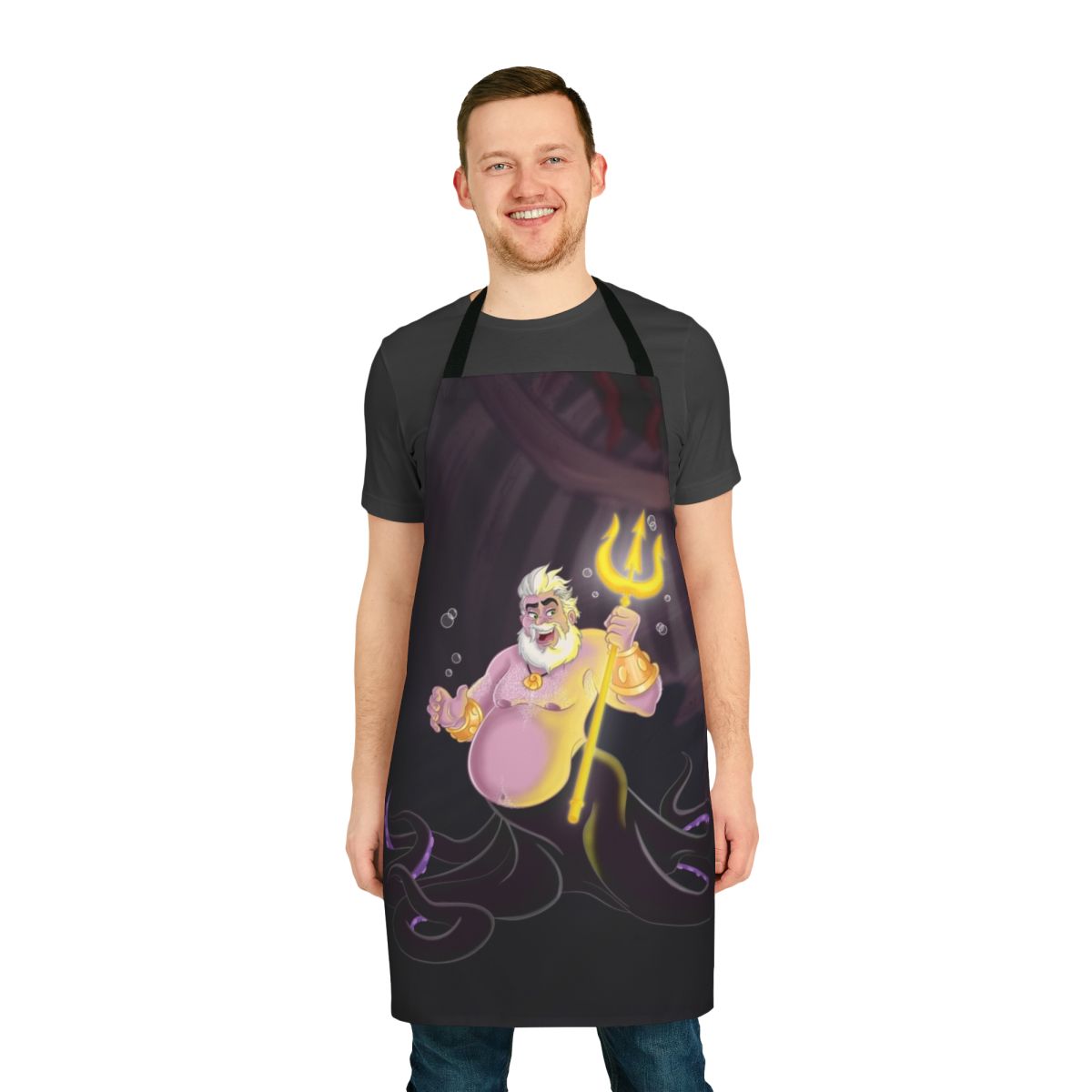 Genderbent Ursula the Bear character on a black and white apron