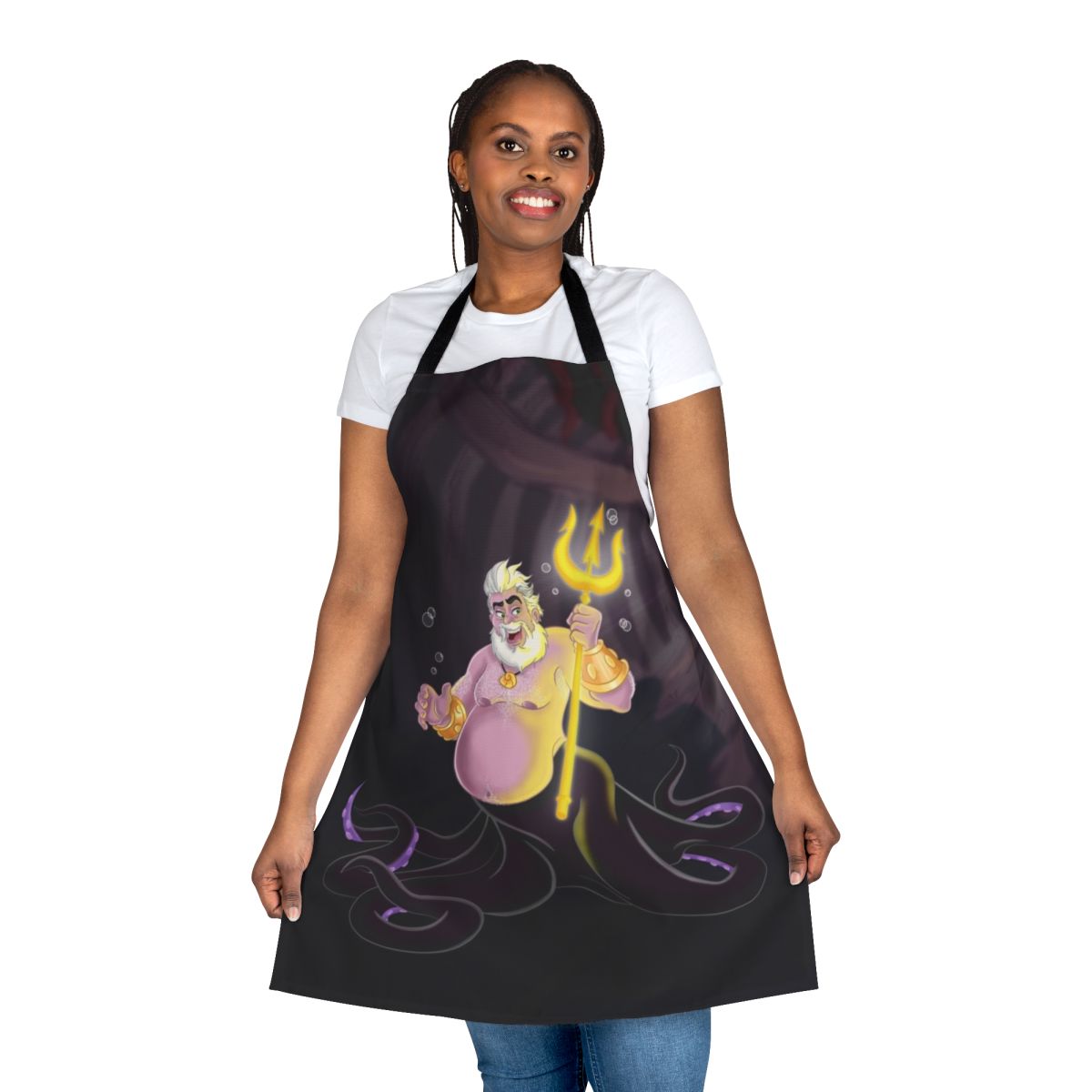 Genderbent Ursula the Bear character on a black and white apron