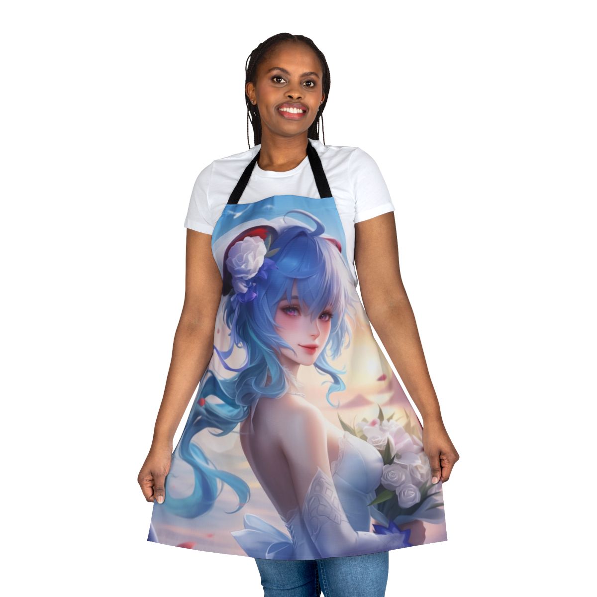 Genshin Impact-style anime girl wearing a wedding-themed apron