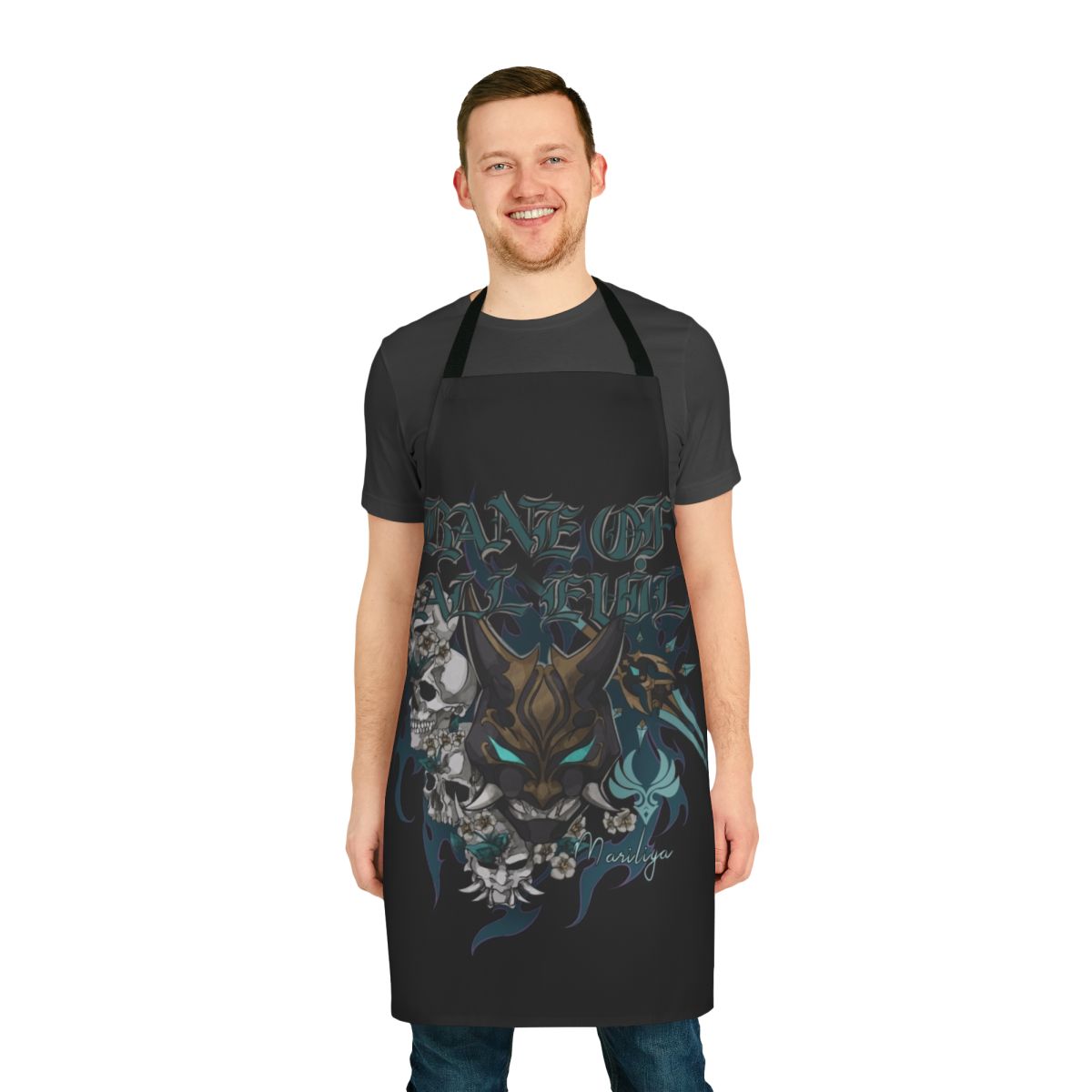 Genshin Impact inspired apron with a metal shirt design