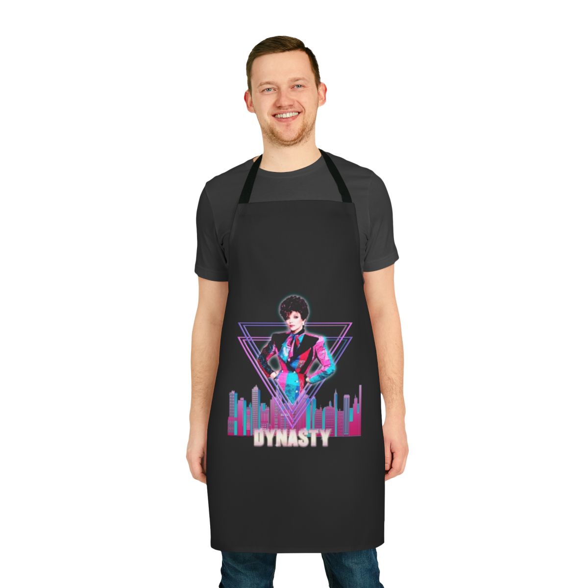 Geometric, abstract-patterned apron inspired by the iconic 80s TV series character Alexis Colby