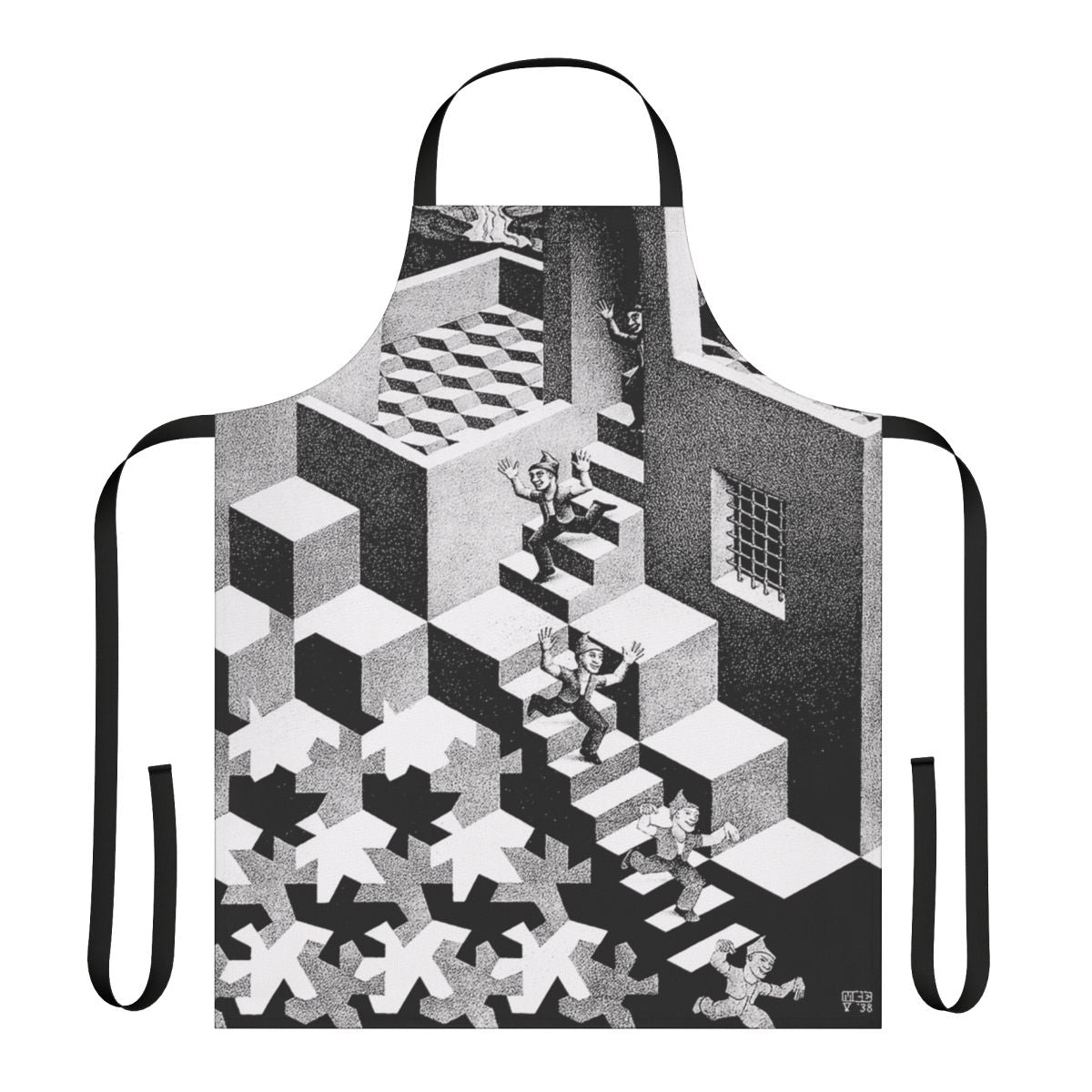 Artistic apron with a design inspired by the iconic surrealist artwork of M.C. Escher.