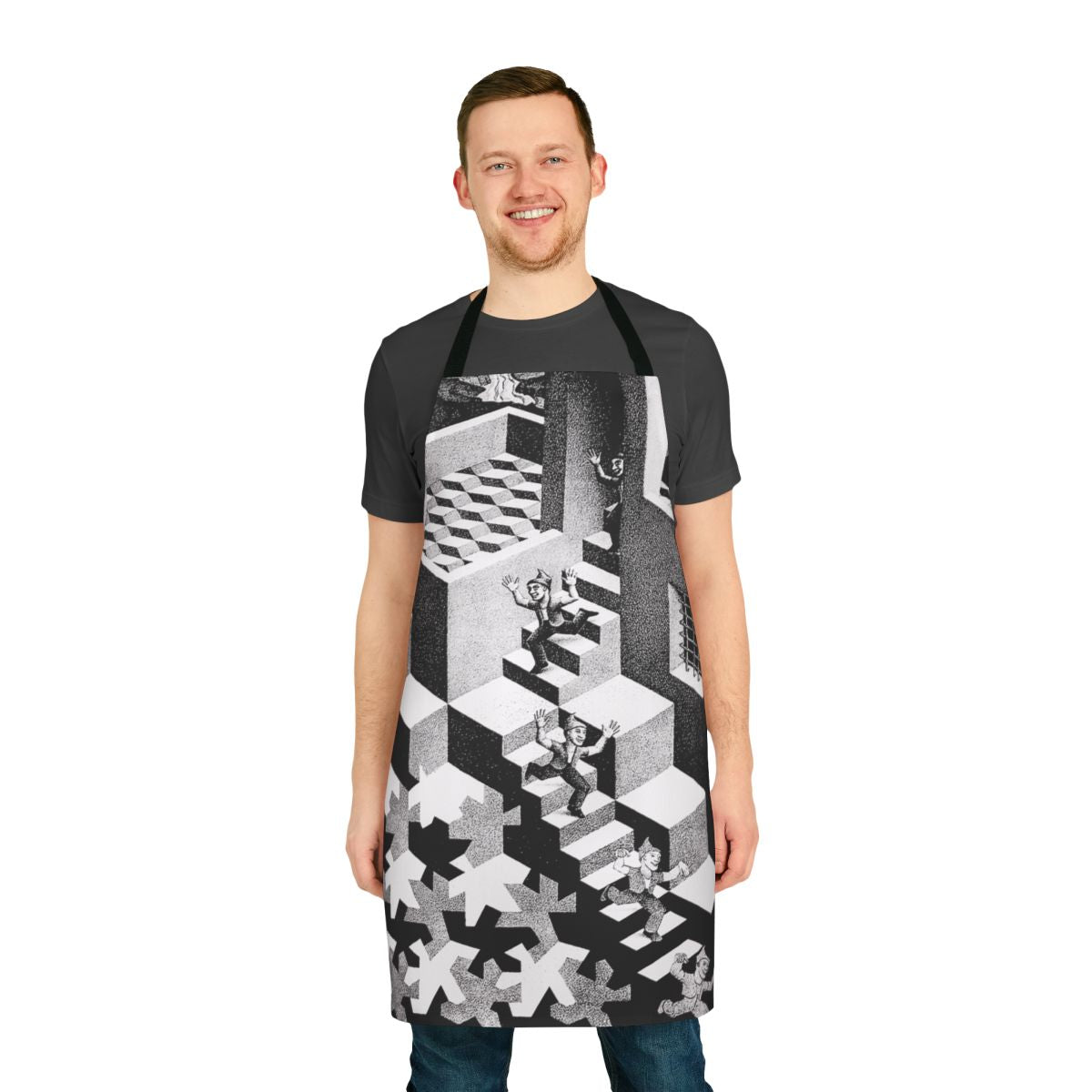 Artistic apron with a design inspired by the iconic surrealist artwork of M.C. Escher.
