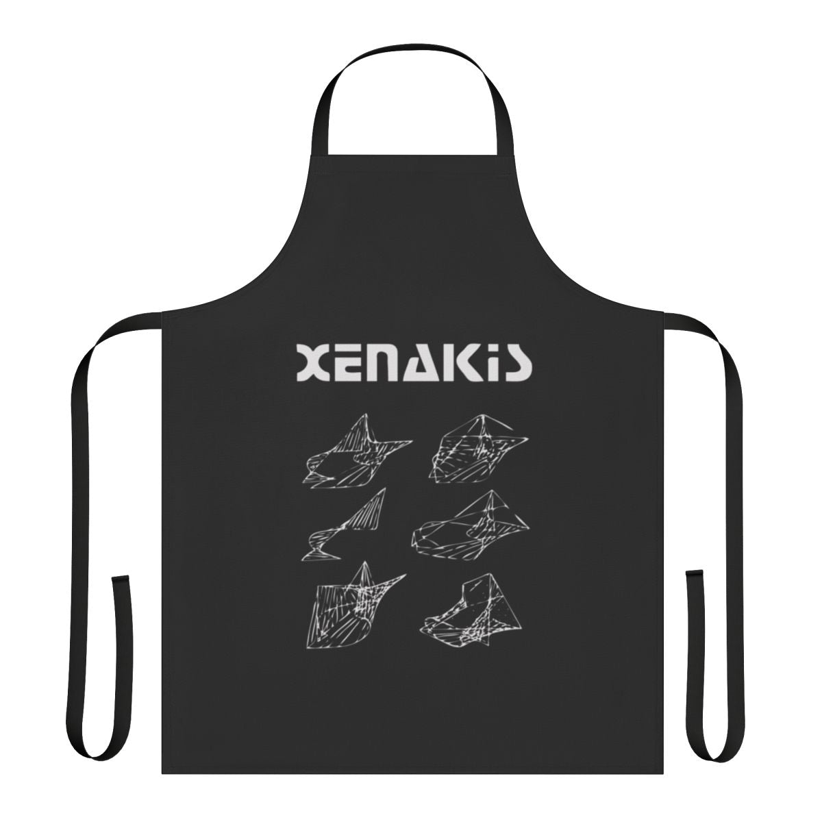 Apron featuring geometric patterns and line art inspired by the architectural designs of composer Iannis Xenakis