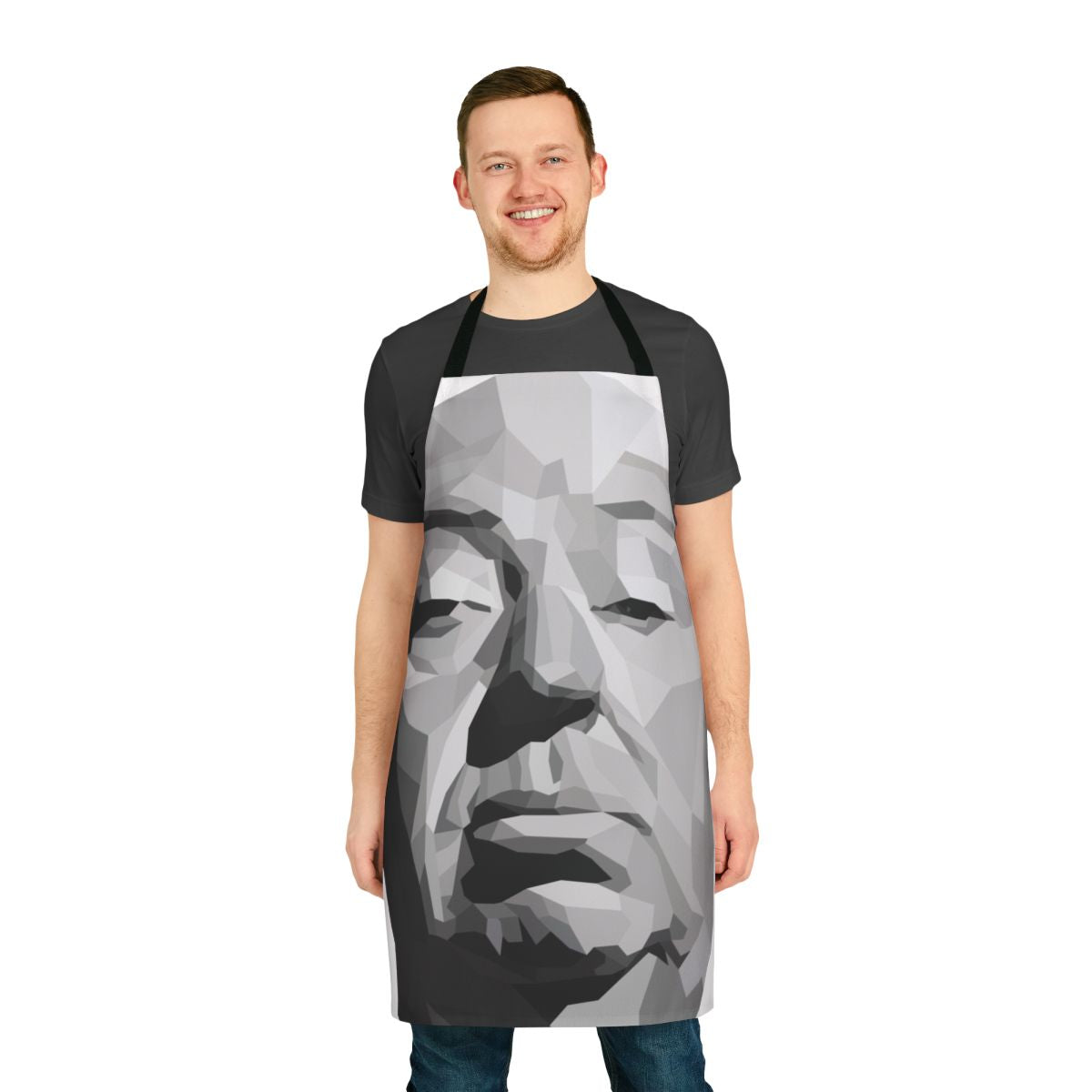 Geometric apron featuring a minimalist design inspired by the films of Alfred Hitchcock