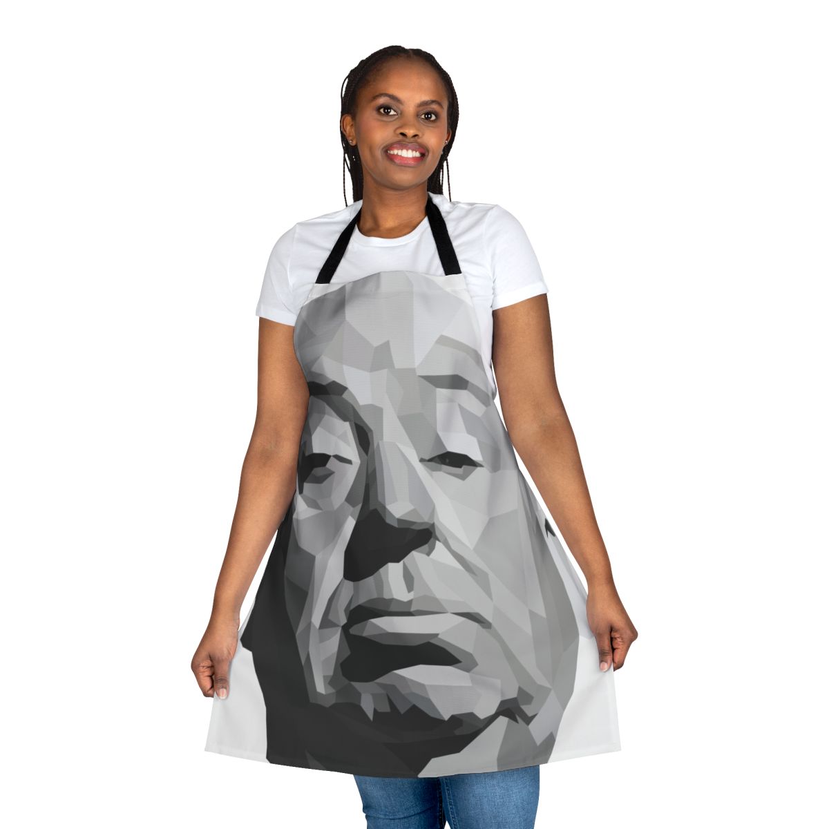 Geometric apron featuring a minimalist design inspired by the films of Alfred Hitchcock