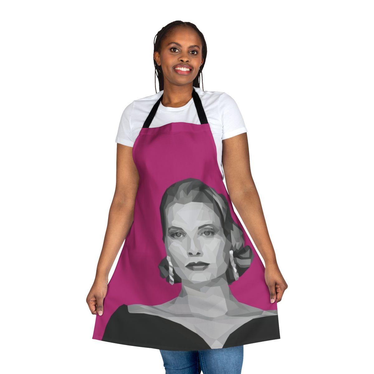 Geometric art-inspired apron in shades of pink and white, featuring a classic Hollywood glamour vibe.