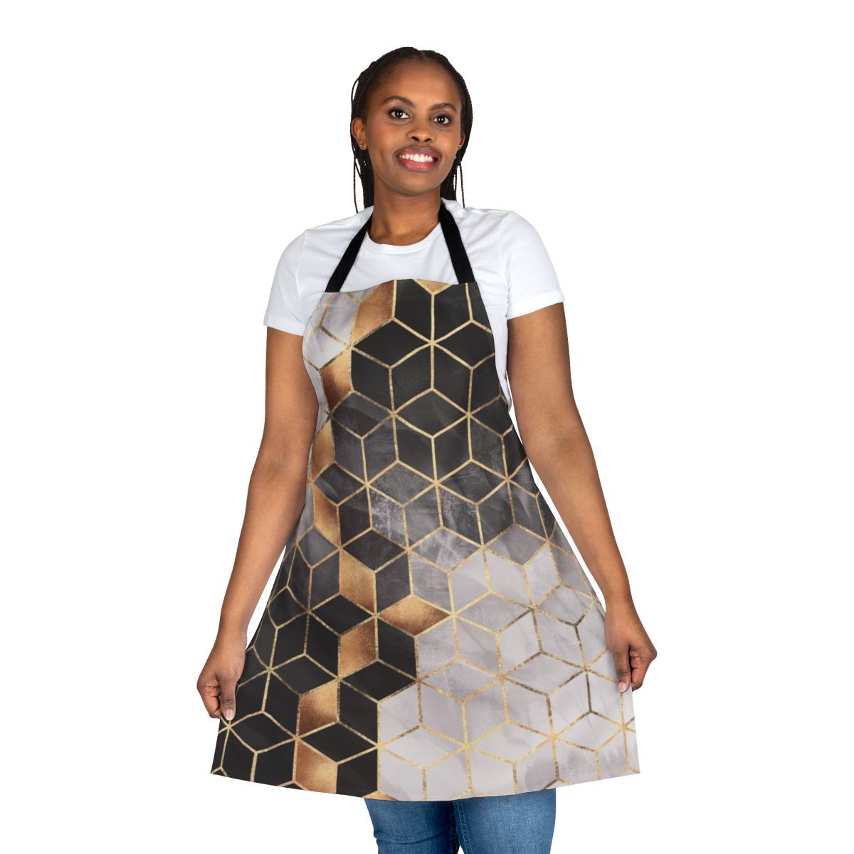 Stylish apron with a graphic cubic pattern in black and white