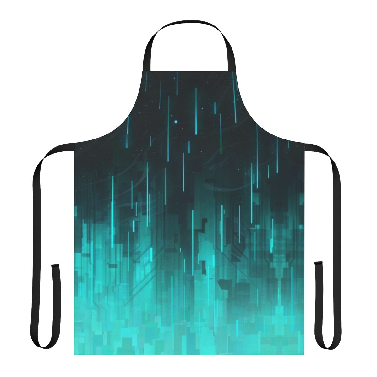 Geometric, cyberpunk-inspired apron featuring a blue, sky-like pattern with stars and a futuristic, technology-inspired design.