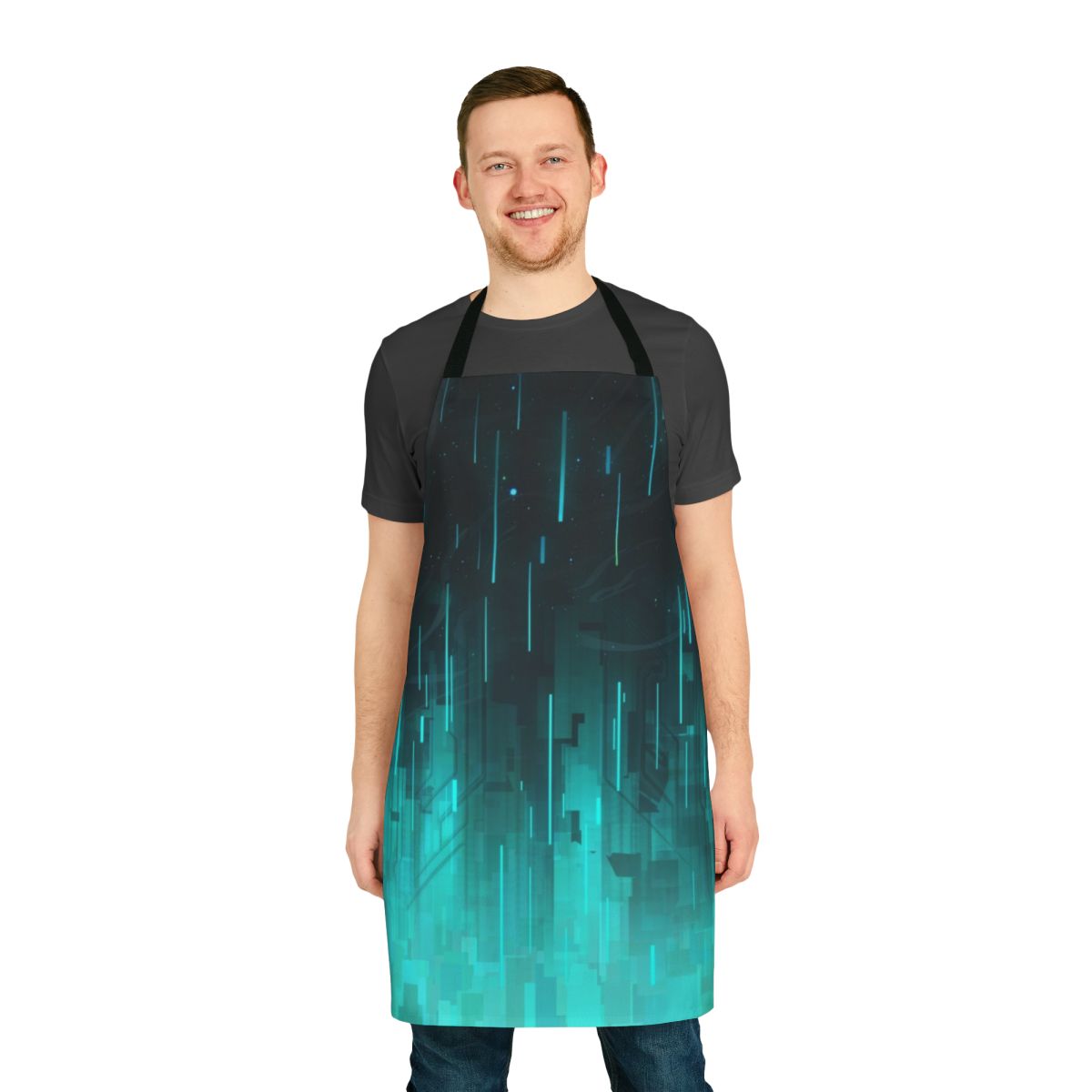 Geometric, cyberpunk-inspired apron featuring a blue, sky-like pattern with stars and a futuristic, technology-inspired design.