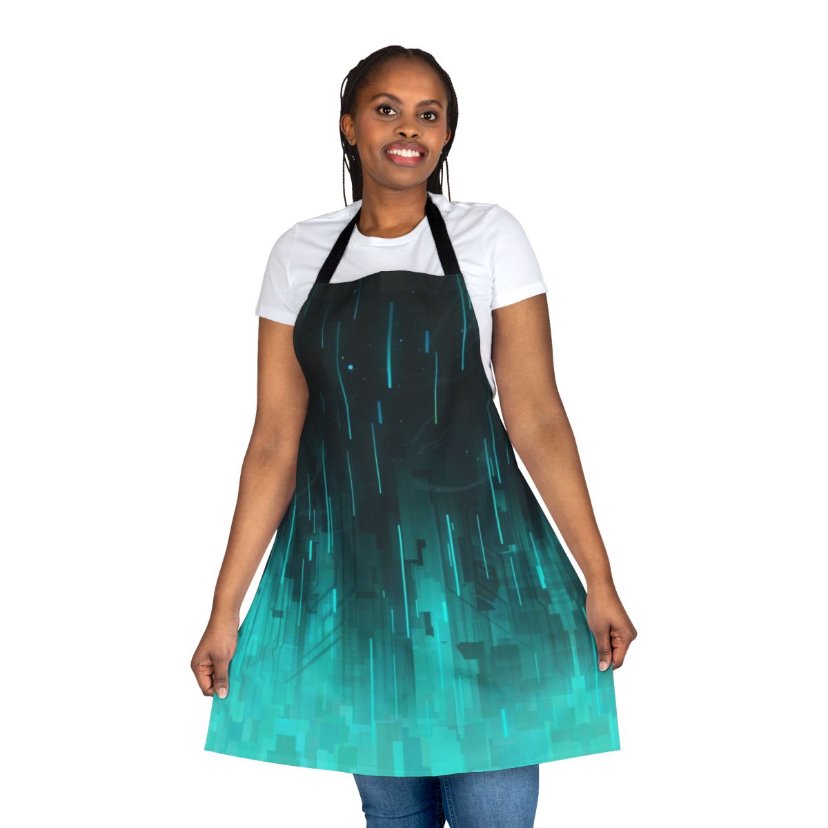 Geometric, cyberpunk-inspired apron featuring a blue, sky-like pattern with stars and a futuristic, technology-inspired design.