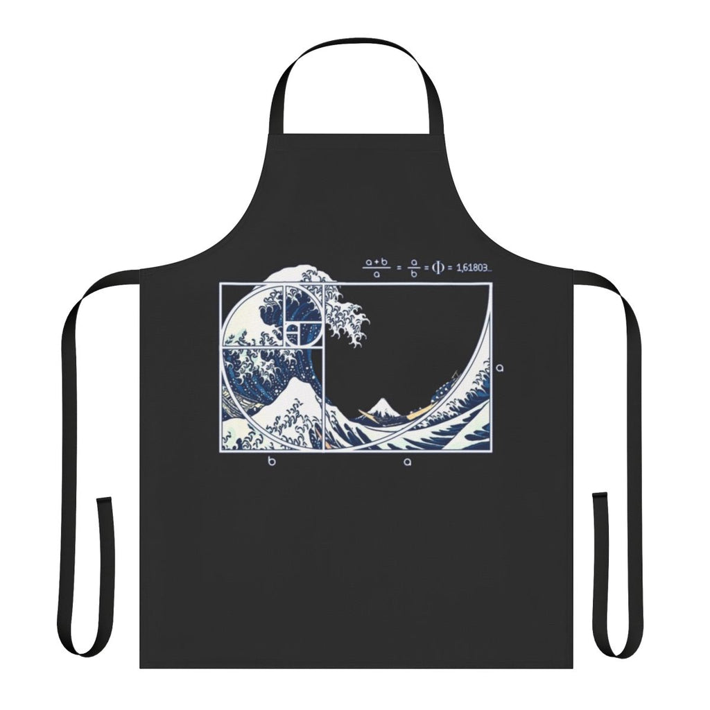 A high-quality kitchen apron featuring a geometric Fibonacci spiral design inspired by the famous "Great Wave off Kanagawa" Japanese ukiyo-e artwork.