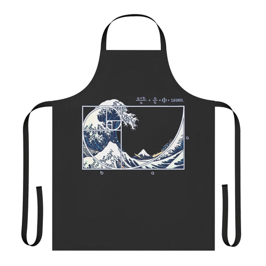 A high-quality kitchen apron featuring a geometric Fibonacci spiral design inspired by the famous "Great Wave off Kanagawa" Japanese ukiyo-e artwork.