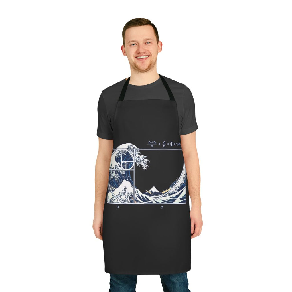 A high-quality kitchen apron featuring a geometric Fibonacci spiral design inspired by the famous "Great Wave off Kanagawa" Japanese ukiyo-e artwork.