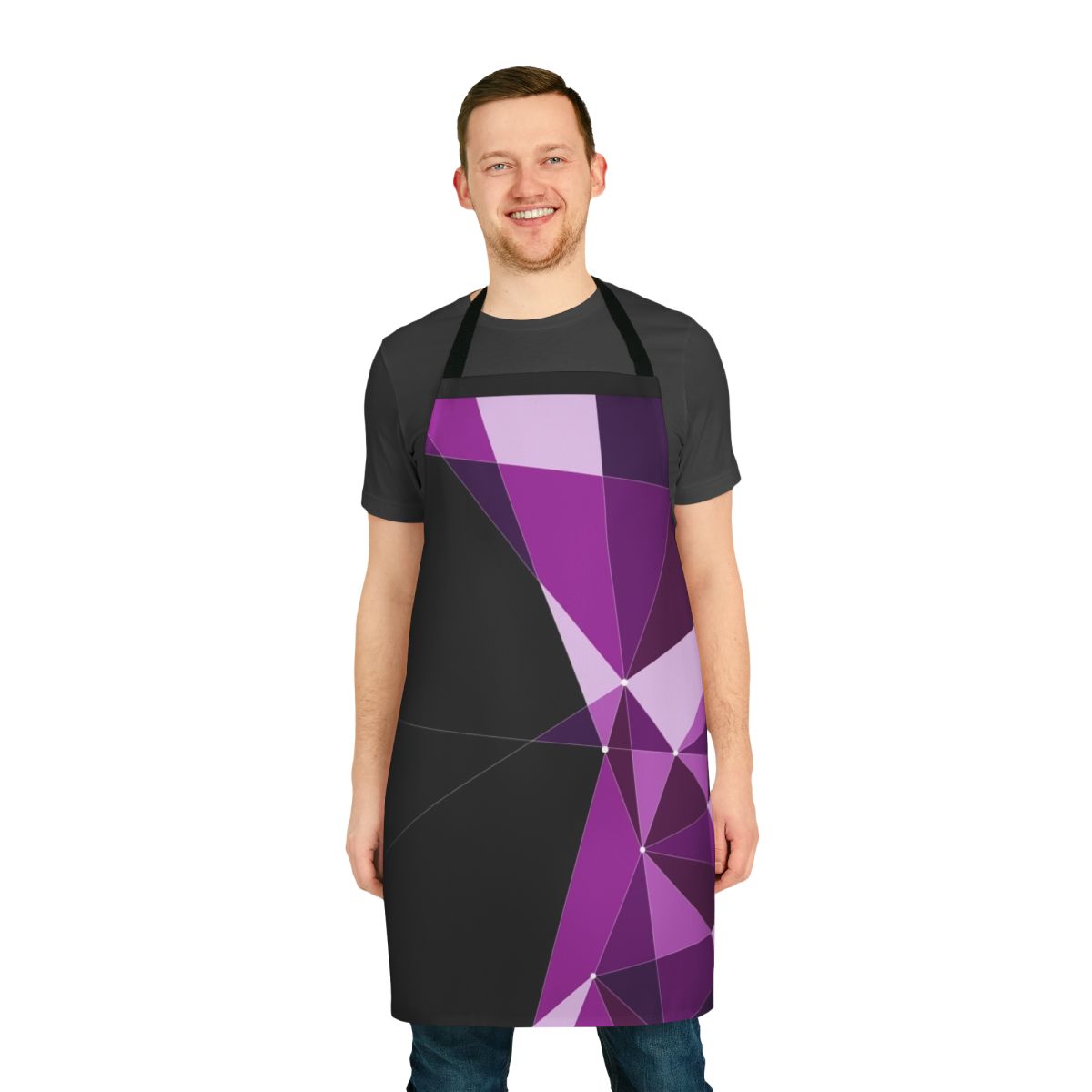 Geometric apron with purple and white triangle pattern, inspired by the livery of Melbourne's VLine commuter trains